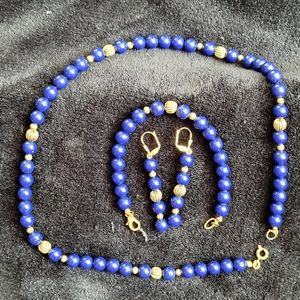 Navy blue w/goldtone accent beaded 18" necklace, bracelet & drop earrings